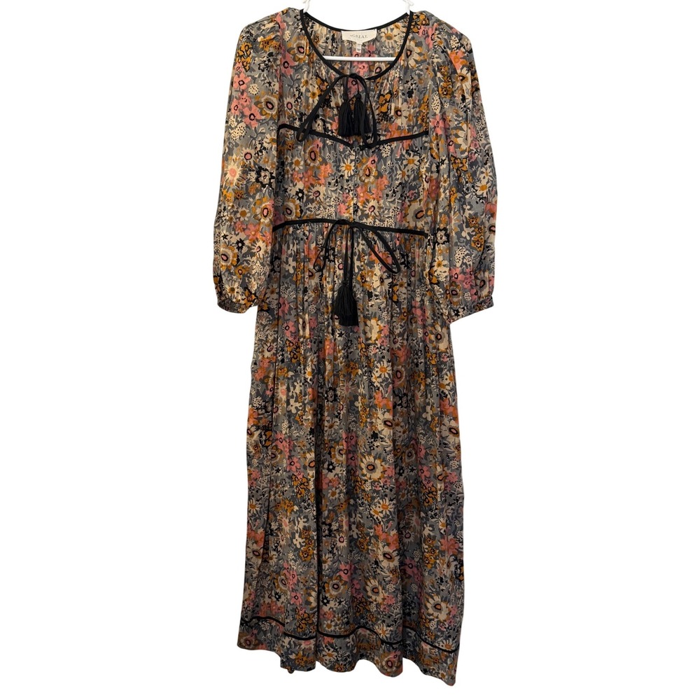 THE GREAT Floral Cotton Tassel Maxi Dress Womens Size 1 Small Boho Pockets Grey - Picture 1 of 7